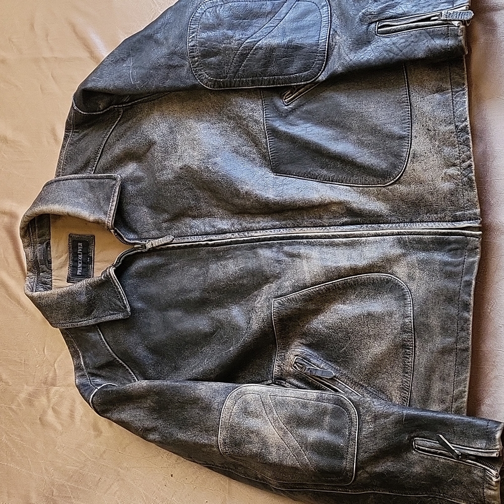 Prince Oliver EUC men's black genuine leather biker's jacket vintage size 54.